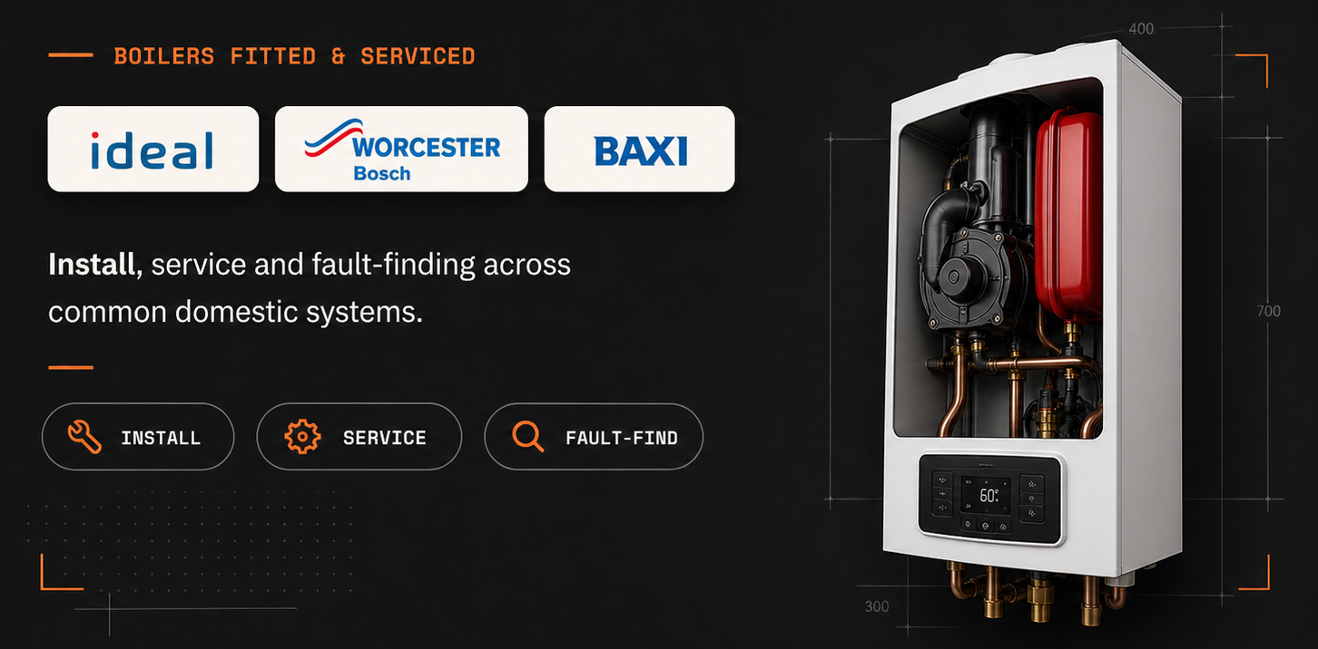Boilers fitted and serviced panel showing Ideal, Worcester Bosch and Baxi boiler system support.